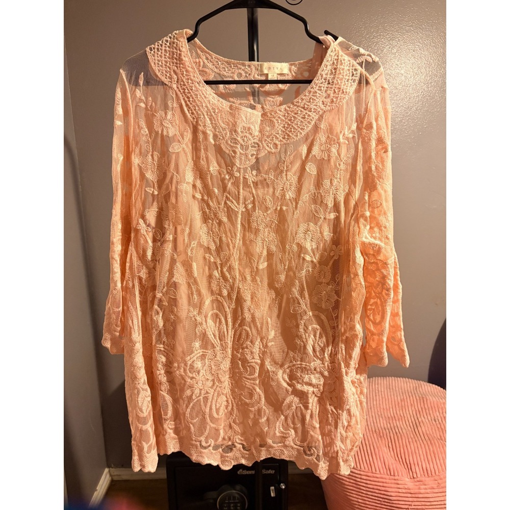 Adiva - Peach Tank‎ Top with Embroidered Cover Sz 1X